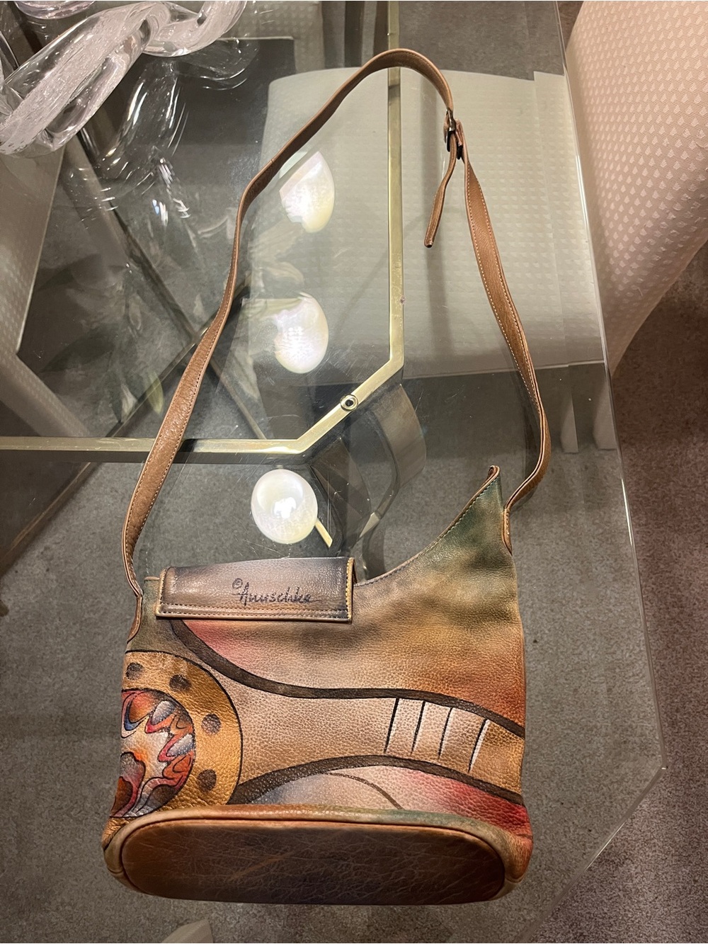 VTG ANUSCHKA Leather Crossbody Bag w/Strap Handpainted Leather Art Purse
